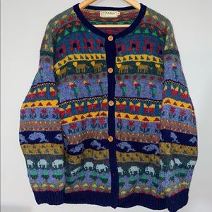 Women’s Vintage L.L. Bean Knitted Pure Wool Animal Print Cardigan Sweater XL